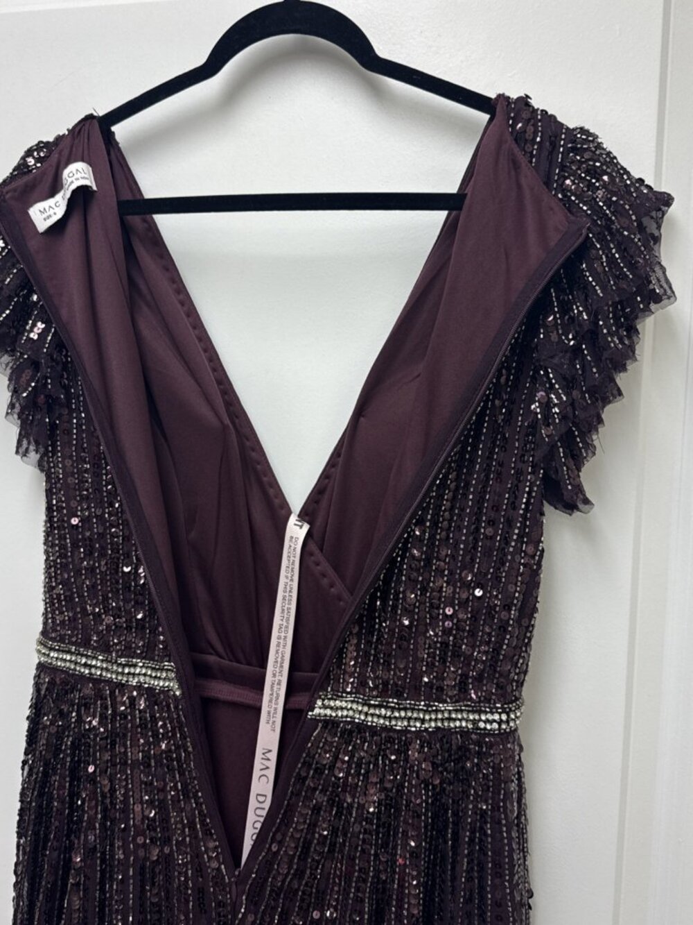 Mac Duggal Size 6 Wine Purple Sequin Beaded V-Neck Ruffle Cap Sleeve Maxi Gown - Picture 8 of 11